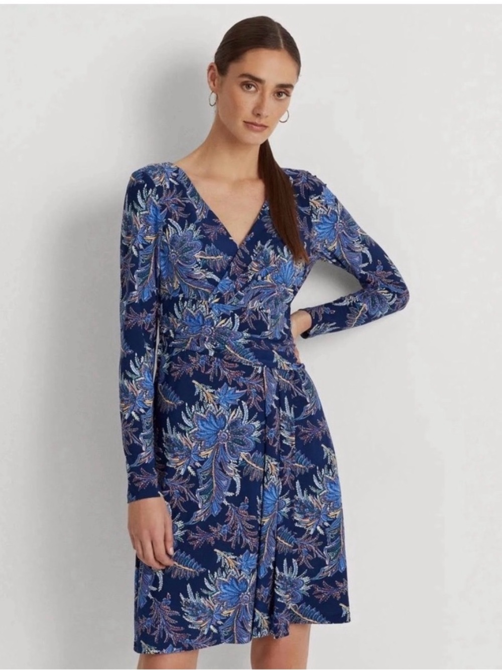 Lauren Ralph Lauren New Navy Floral Long-Sleeve Faux Wrap Dress | 10 - Picture 2 of 11